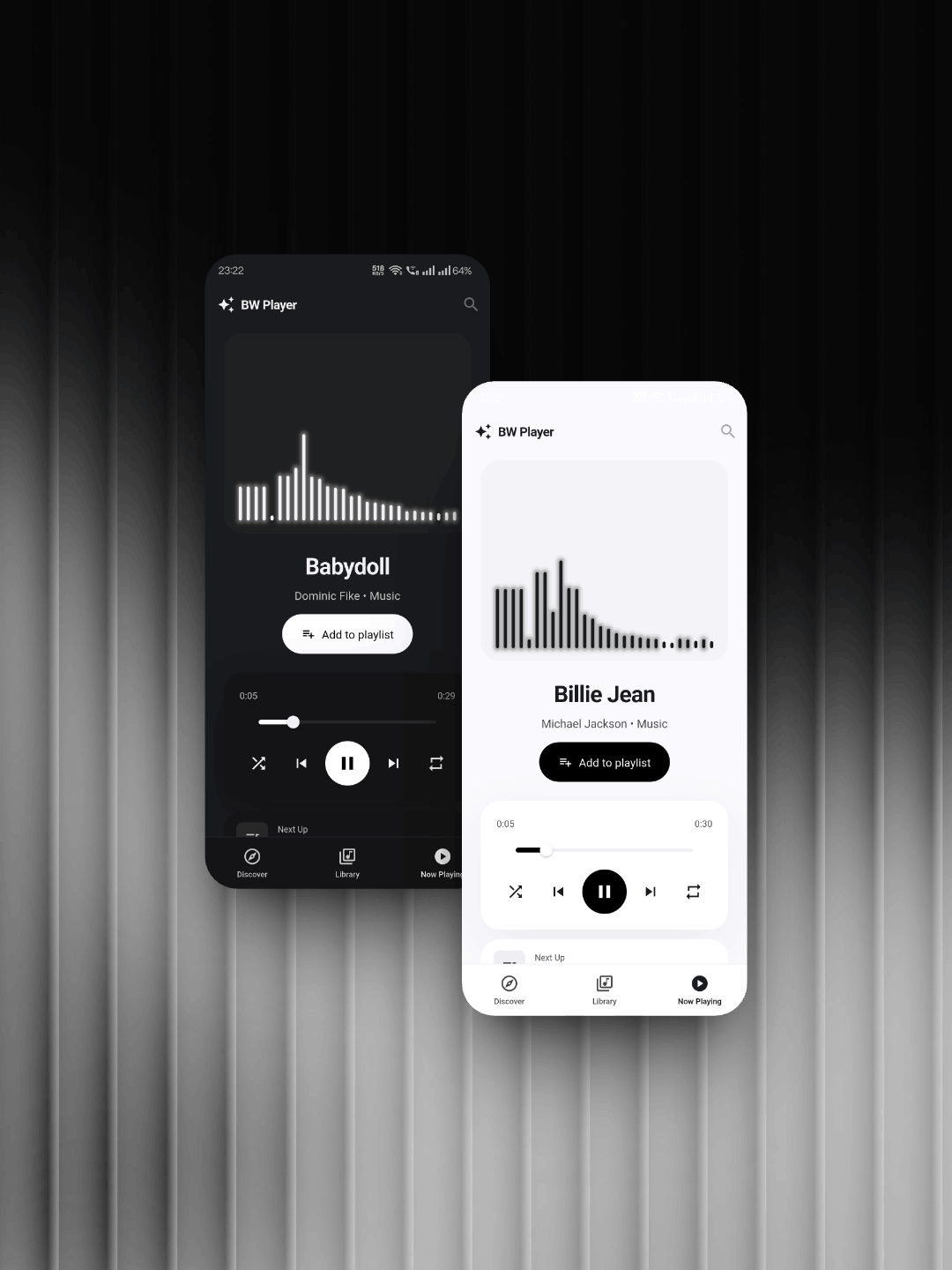 BW Player app preview in light and dark mode